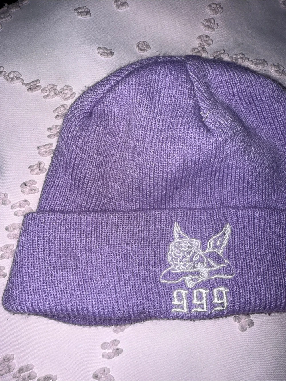 999 Angel Purple Lavender Knit Woven Beanie Embroidered